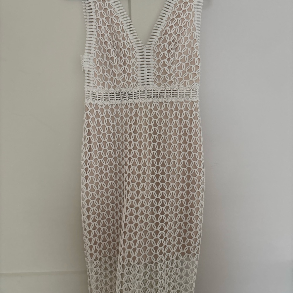 White Crochet Deep V Midi Dress